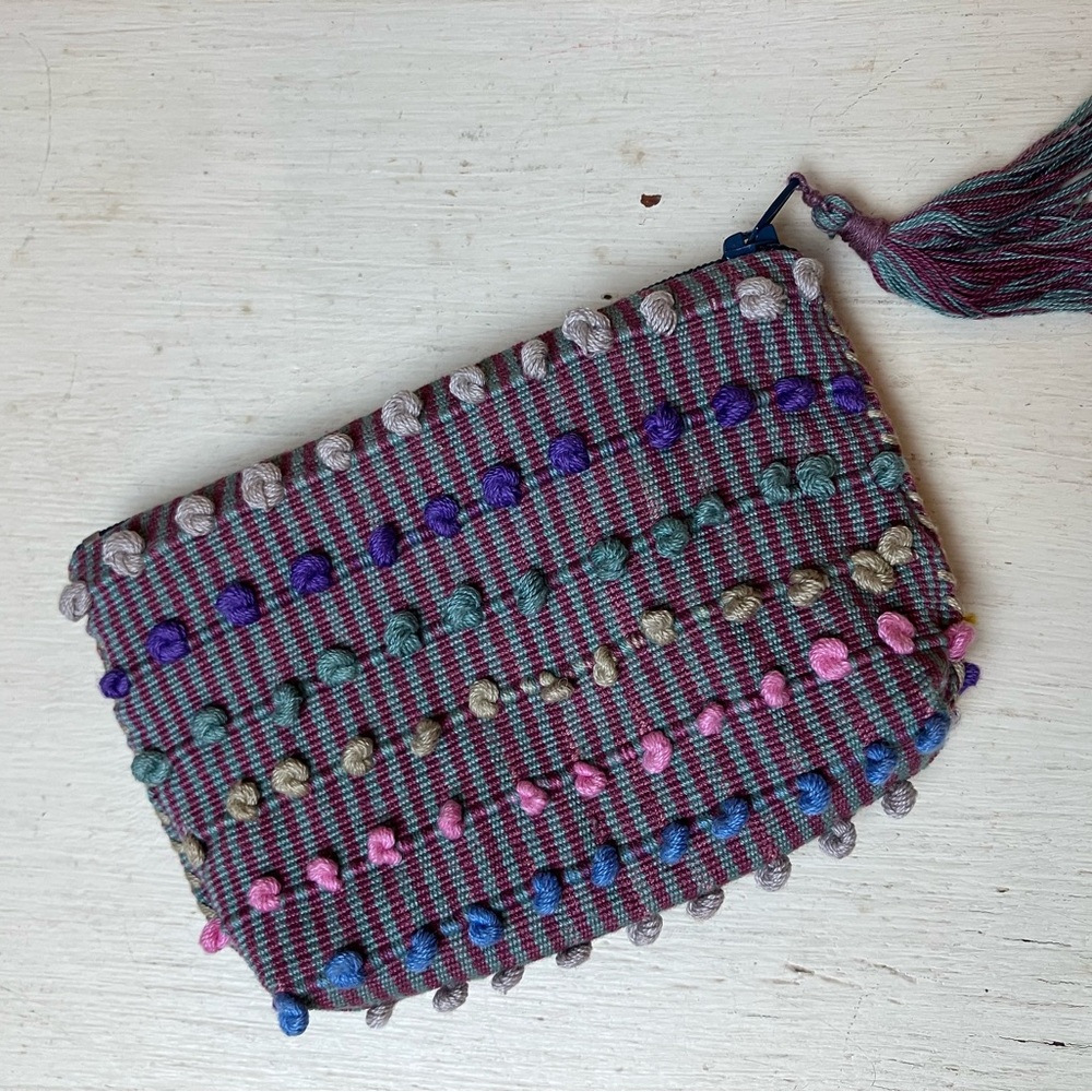 Handwoven Coin Bag Multicolor Pom-Pom Zipper Pouch - Pink & Teal